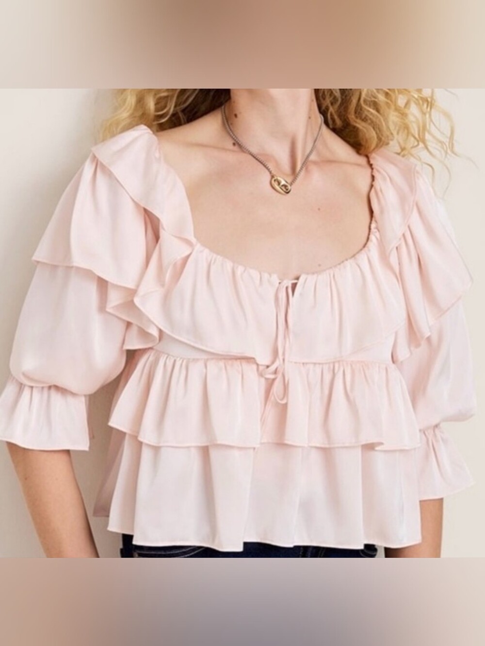 NWT Francesca's Collections Light Pink Ruffle Satin Blouse. Large